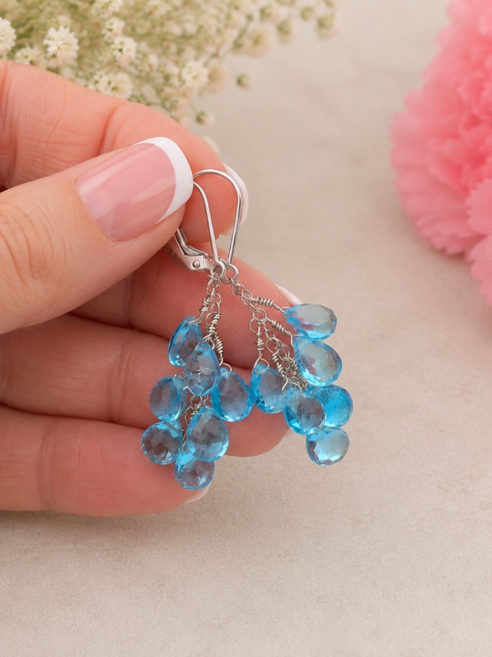 New Swiss Blue Topaz Earrings 14K White Gold – 22 Carats – December Birthstone